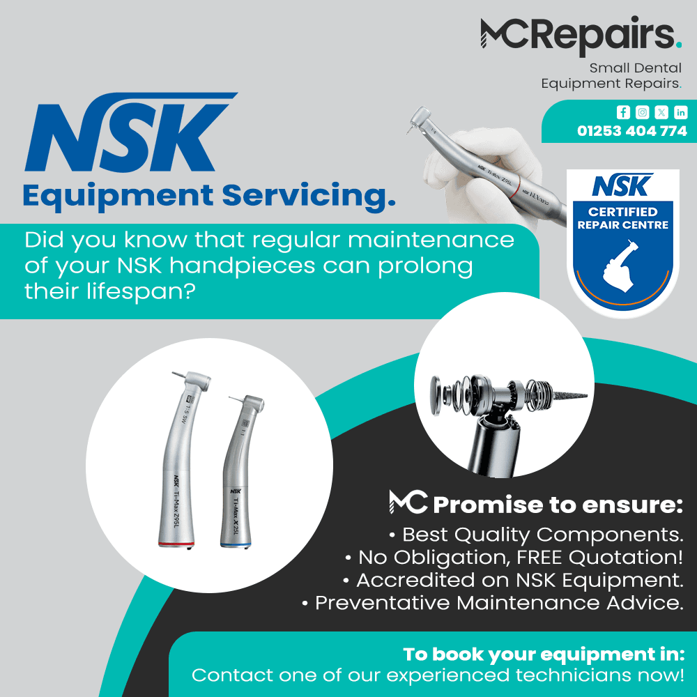 Ensure your practice is equipped with the highest standard of service for your @nsk.uk Dental Handpieces with MC Dental Ltd & MC Repairs Ltd.